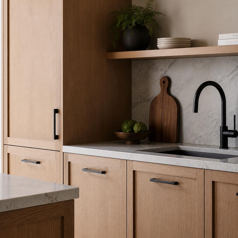 Renovated modern kitchen detail with oak cabinetry and marble countertop